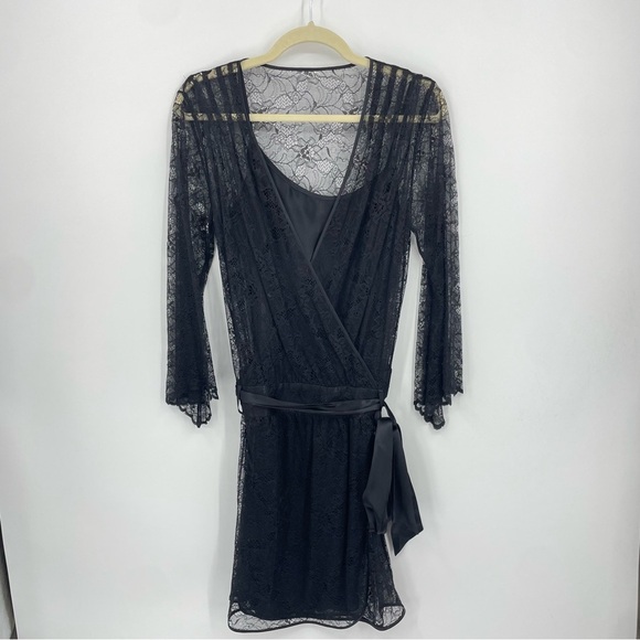 Mia Black lace slip dress bell sleeve belted Sz S 100% silk sz 46 US 12 - Picture 1 of 9